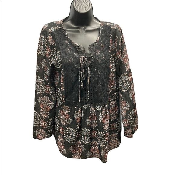 MAURICES, Women’s Top,Size Small,‎ Black, Gray, Wine, Lace, Sheer, tie front - Picture 1 of 6